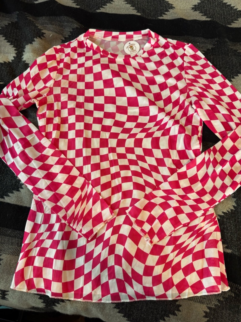 Pink and White Checkered Long Sleeve sheer layering Top
